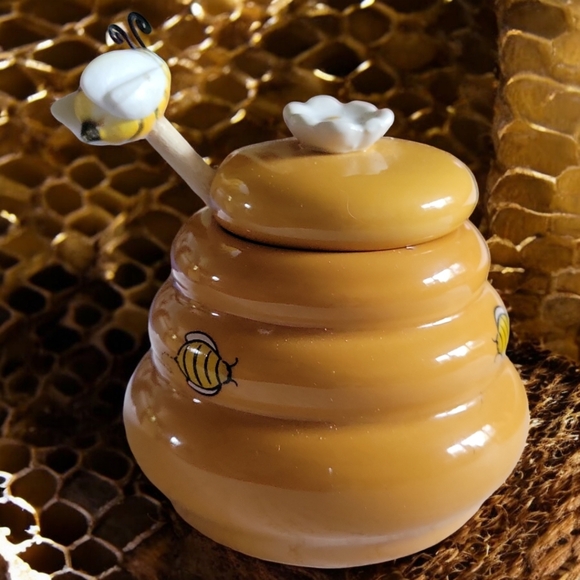 Vtg Honey Miel BEEHIVE Ceramic Jar Pot Bumblebee Bee Daisy Wood Spoon Dipper - Picture 3 of 8